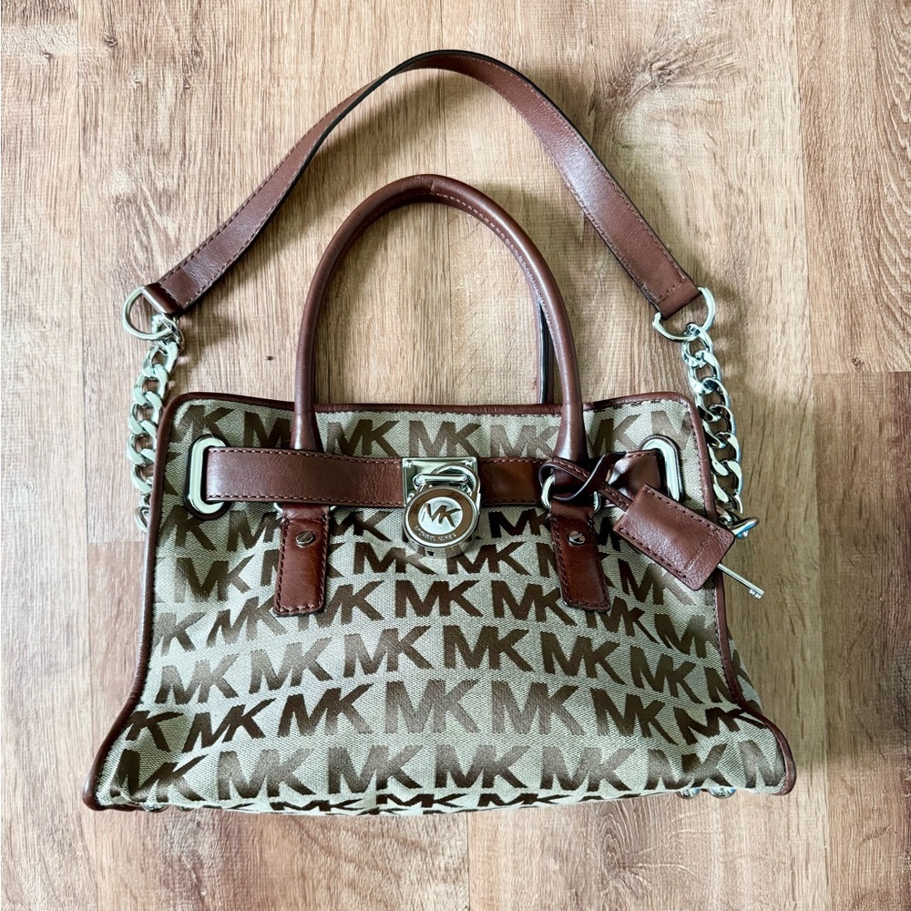 Michael Kors Hamilton Satchel MK Logo Bag With Lock and key Chain Strap